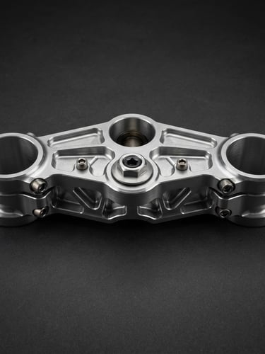Straight-on technical studio shot of a high-performance machined aluminum motorcycle triple clamp, crisp metallic highlights, deep charcoal background, 50mm lens.