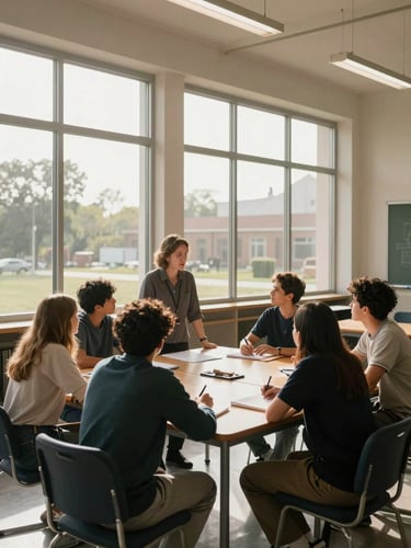 Wide classroom environment shot from the side, natural daylight streaming through tall windows, teacher and students gathered around a table in collaborative discussion, notebooks and materials visible, documentary framing, warm professional tone