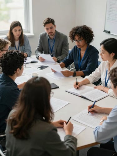 Close environmental shot of a diverse group of teachers and school leaders seated around a table in a well-lit meeting room, papers and open notebooks in front of them, natural window light from the left, candid documentary moment of collaborative planning
