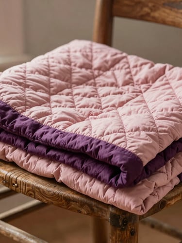 A folded plum and dusty pink handmade quilt draped over a rustic wooden chair in a sunlit French Valley home, warm side-light, cozy atmosphere