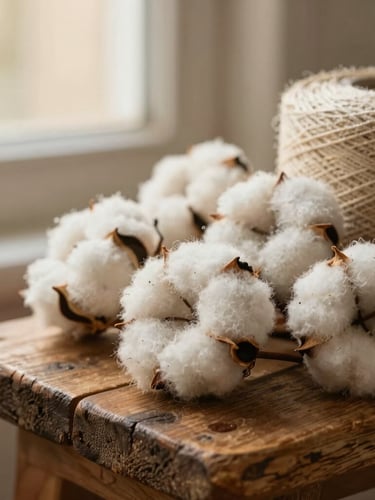 Macro close-up of raw organic cotton yarn skeins resting on a rustic wooden bench under warm diffused golden hour light