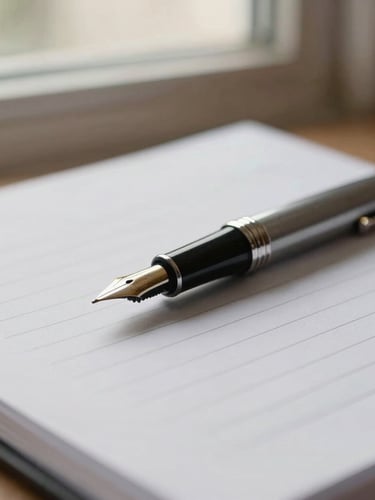 Close-up of a fountain pen resting on high-quality physical financial ledgers, soft directional window light, warm tones, shallow depth of field.