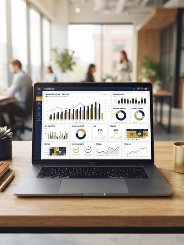 A clean modern laptop displaying an active hotel revenue dashboard with graphs and occupancy rates, bright natural office light, navy and warm gold tones