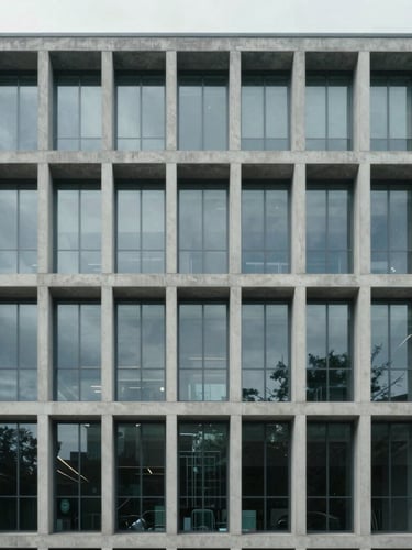 A straight-on orthographic view of modern commercial building facade, clean concrete and glass grid, overcast daylight, neutral cool tones