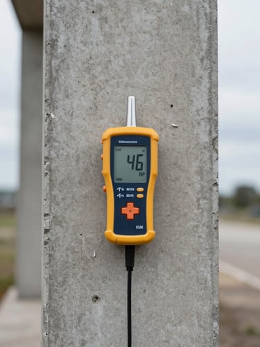 Straight-on orthographic view of a concrete structural column with a digital moisture meter held against it, cool overcast daylight, clean and technical.