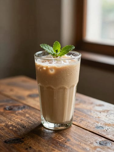 Warm side-lit editorial food photography of a refreshing chilled sattu drink in clear glassware with condensation, mint garnish, rustic wooden table, shallow depth of field, 35mm.