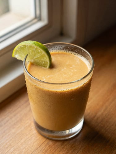 Overhead flat-lay of a refreshing chilled sattu drink in a clear condensation-beaded glass with a slice of lime, warm side-lit window daylight, rich golden-brown ochre tones, 35mm