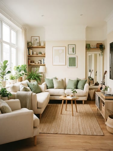 Warm editorial photography of a bright, clean, fully furnished shared living room with natural window light, soft cream and green tones, orderly environment.