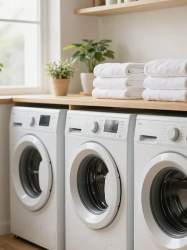 A bright, orderly laundry room with clean washing machines, folded white towels on a wooden shelf, and soft green plants, natural window light.