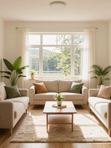 Bright, clean shared living room interior, warm natural sunlight streaming through a large window, tidy modern furniture, soft cream walls with green plants, 35mm lens