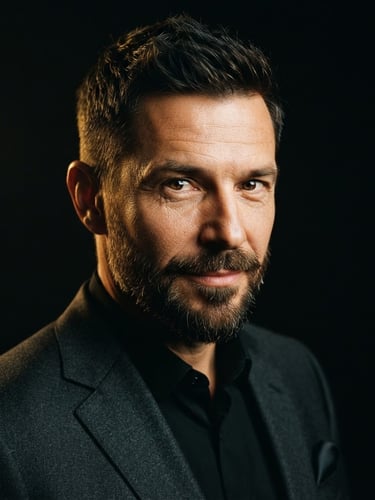 Close-up portrait of a refined gentleman with a sharp executive haircut and styled beard, dramatic low-key studio lighting, warm golden highlights, deep black background, 35mm film.
