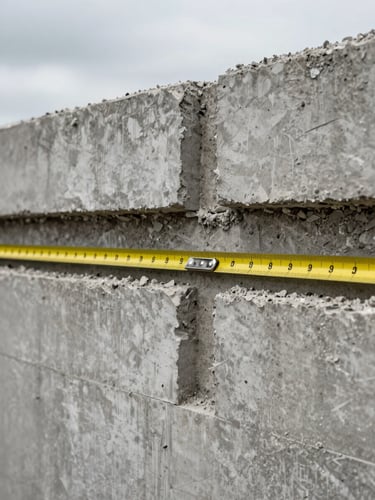 Extreme close-up of a building's structural wall cross-section in overcast flat light, measurement tape laid across exposed concrete layers showing material depth, scale clearly visible, no people, neutral gray tones with sharp material texture detail