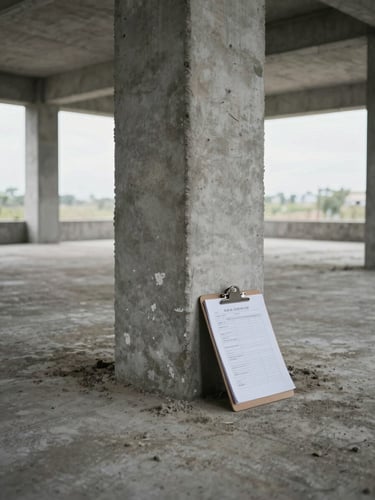 Wide interior view of a partially completed concrete building floor, close-up of a column base showing efflorescence and spalling detail, a clipboard with technical inspection sheet resting against the column, flat overcast daylight from high windows, no people, architectural geometry dominant