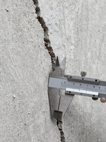 Extreme close-up of a concrete wall crack with a steel measurement caliper placed across the fissure for scale reference, flat overcast studio light revealing surface texture and crack depth with clinical clarity, strong geometric framing, no human subjects