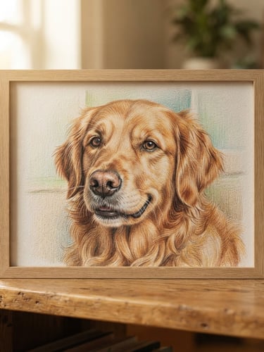 Straight-on shot of a finished framed colored pencil dog portrait resting on a wooden shelf in a sunlit room, soft natural daylight, detailed paper texture visible