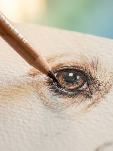 Macro shot of a colored pencil tip drawing a dog's expressive eye on heavily textured paper, warm morning light, soft mint green background