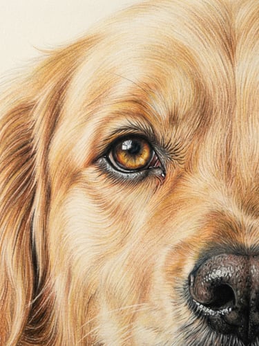 Warm macro photograph of a colored pencil drawing of a golden retriever's expressive eyes, soft natural daylight highlighting the physical wax texture and detailed paper grain