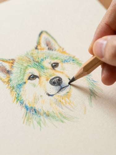 Close-up of hand holding a professional colored pencil, blending warm golden tones into a hand-drawn pet portrait on thick cream paper, soft daylight