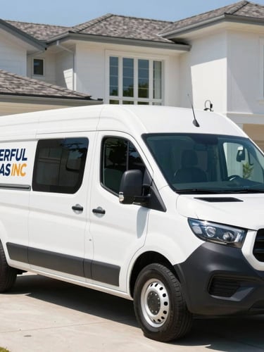 Pristine white POWERFUL IDEAS INC branded service vehicle, parked on a manicured North Shore estate driveway, bright natural daylight, clean white and deep navy tones, sharp focus, luxury residential setting, 35mm.