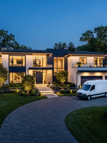 Luxury residential estate exterior at dusk, integrated architectural lighting illuminating the facade and landscaping, pristine white service vehicle discreetly parked on the driveway, crisp architectural photography, bright natural daylight, clean white and deep navy tones, sharp focus, luxury residential interiors, 35mm
