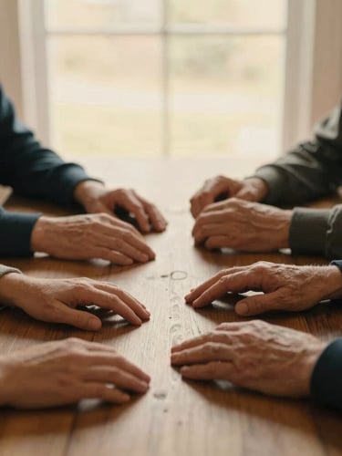 Warm editorial photography of multi-generational family hands resting together on a wooden table, soft morning window light, rich deep tones, shallow depth of field, 35mm