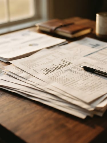Warm editorial close-up photography of structured financial documents on a rich wooden table, soft golden-hour window light, shallow depth of field, 35mm