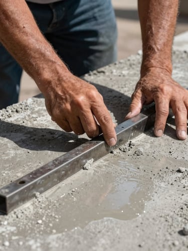 Primer plano dramático de manos de un maestro de obra utilizando una llana metálica sobre cemento fresco, textura de concreto húmedo, luz natural intensa.