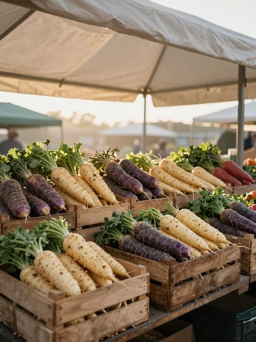 Wide shot of an empty farmers market stall at early morning, wooden crates of root vegetables arranged neatly, soft golden-hour light coming through a canvas awning, no people, quiet and still