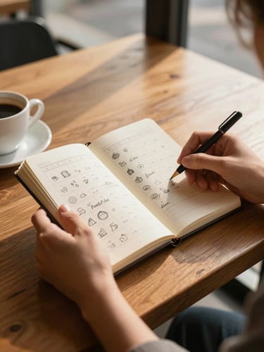 Hands holding a small notebook open to a hand-drawn content calendar on a wooden café table, golden-hour light from a nearby window, coffee cup at the edge of frame, close and warm