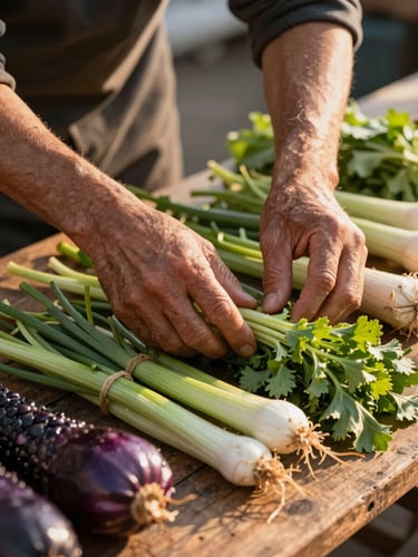 Close-up of weathered hands arranging seasonal vegetables on a rough wooden market table in early morning golden light, no faces, quiet and deliberate