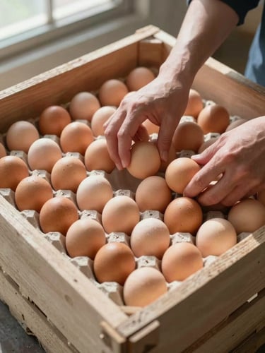 Close overhead view of a wooden packing crate being loaded with brown eggs in a warehouse, hands visible mid-motion placing eggs into compartments, natural work-site daylight from a high window casting sharp shadows across the crate surface
