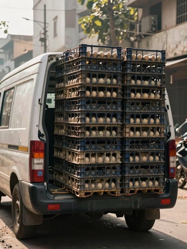 Wide environmental shot of a delivery van being loaded with stacked egg crates in an urban Karachi street, natural morning work-site light, close view of crates being lifted into the vehicle, no people's faces visible