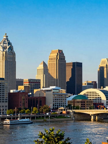 A wide environmental shot of the Cincinnati skyline at golden hour, showing the city's iconic architecture and the Ohio River, sharp commercial photography, bright natural daylight, high-contrast vivid colors.