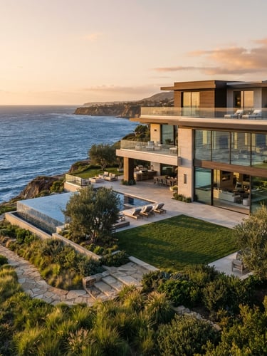 Wide shot of a pristine modern coastal estate with clean lines, large windows, and manicured landscaping, bathed in golden-hour sunlight, showing deep blue ocean in the background. Framed from a slightly elevated angle, with the house occupying the right two-thirds.