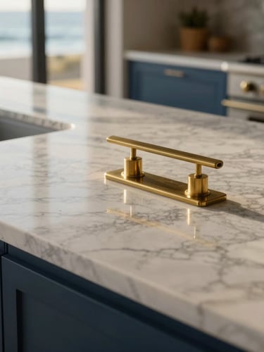 Close-up of a high-end marble countertop with a subtle brass fixture in a modern coastal kitchen, illuminated by crisp morning sunlight. Focus on the texture and quality of materials, with soft reflections.