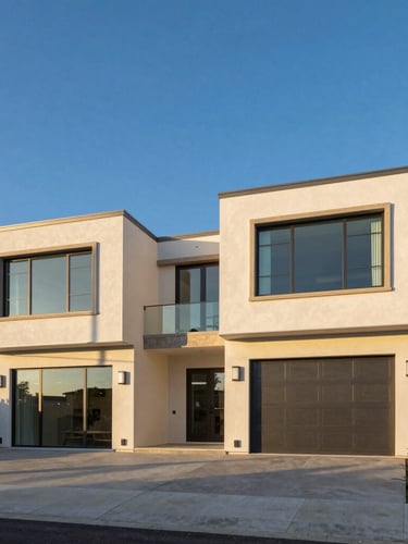 Wide architectural shot of a modern coastal estate, bright morning sunlight, deep blue sky, showing resilient design features like elevated foundations and hurricane-rated windows, soft gold and deep blue tones.