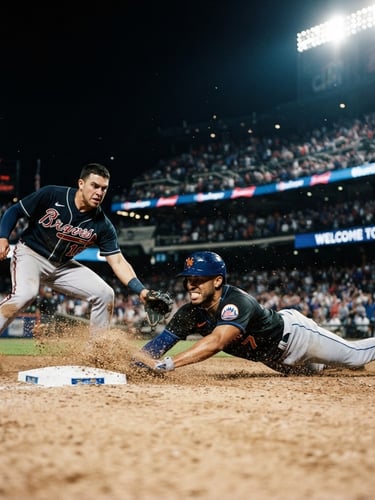Low-angle action shot of a baseball player sliding into second base, dirt flying, dramatic stadium lighting, high contrast navy tones, 35mm