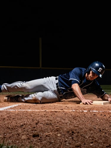 Low-angle action shot of a baseball player sliding into home plate, dirt flying, dramatic high-contrast lighting, navy and gray tones