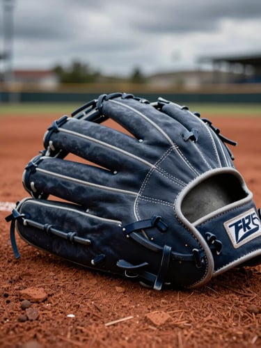 A close-up of a baseball glove resting on the red clay infield dirt, dramatic overcast lighting, sharp athletic focus, 35mm