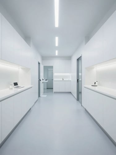 One-point perspective architectural photograph of a sterile, ultra-clean Moroccan dental clinic interior, white custom cabinetry, seamless medical surfaces, cool daylight mixed with precise LED lines.