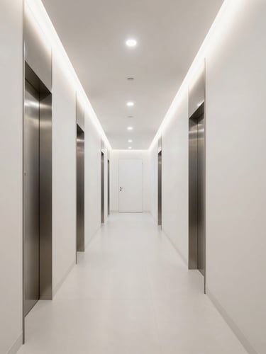 One-point perspective architectural photograph of a luxury aesthetic clinic hallway in Casablanca, seamless white Corian surfaces, minimalist architectural LED lines, brushed steel details, pristine clinical environment.