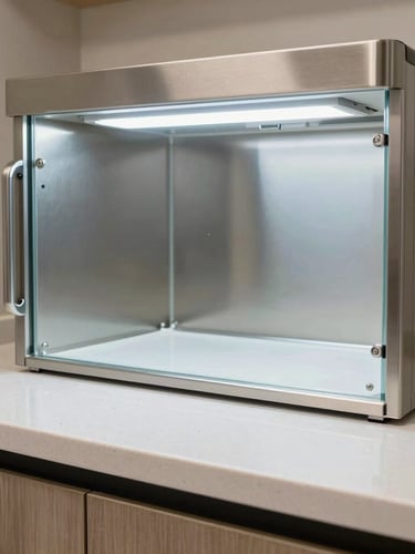 Architectural close-up of a built-in dental sterilization cabinet, seamless Corian countertop, brushed steel fixtures, cool LED under-cabinet illumination.