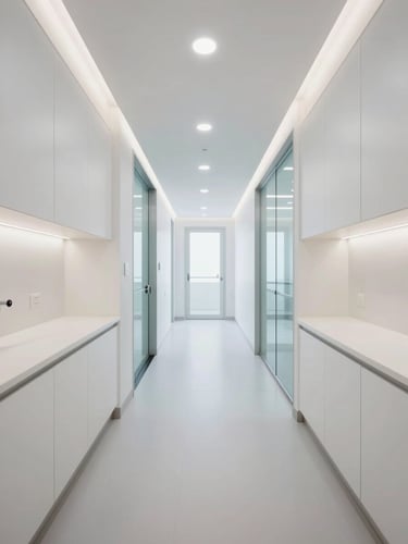 One-point perspective architectural photograph of an empty, ultra-clean dental clinic hallway in Casablanca. Symmetrical design with seamless white Corian surfaces, custom medical cabinetry integrated into the walls, and clean architectural glass panels. Bright, natural daylight mixed with cool-toned LED strip lighting. No people.