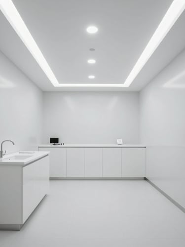 Ultra-clean, empty dental clinic interior in Casablanca, geometric symmetry, white Corian surfaces, cool LED architectural lighting, wide perspective.