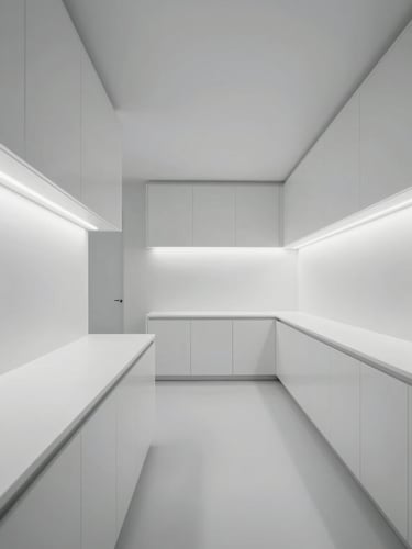 Minimalist clean medical interior, precise architectural lines, cool LED lighting, seamless white Corian counters, one-point perspective