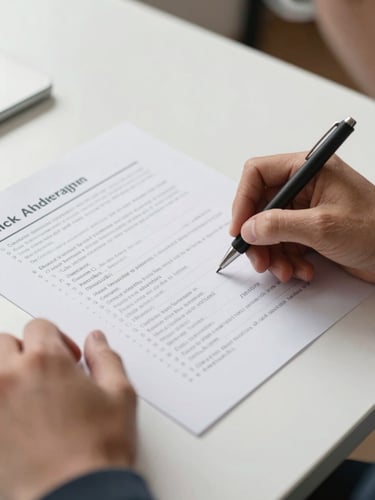 Close-up of hands annotating a printed strategy brief on a white desk, a fine-tipped pen marking key metrics, neutral daylight from the left, clean and legible