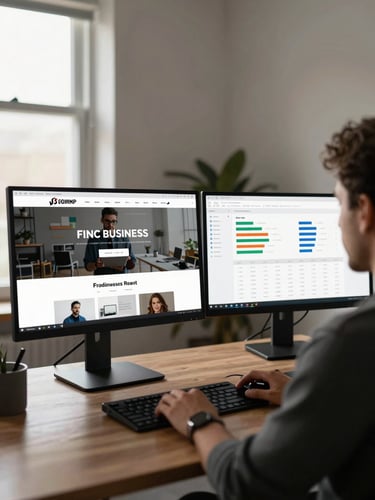 Wide-angle view from behind a desk showing two monitors: left screen displays a finished business website, right screen shows a real-time analytics dashboard, warm natural light from a window to the left