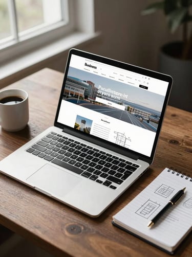 Overhead desk shot showing a laptop displaying a clean business website, a notepad with wireframe sketches beside it, natural daylight from a window, coffee cup in corner