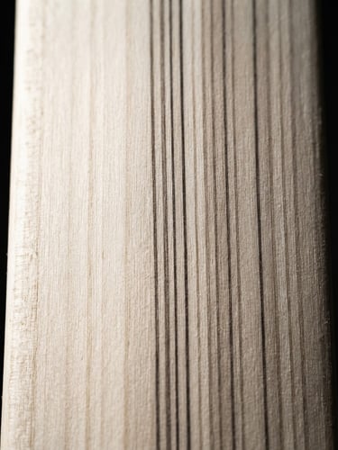 A close-up macro shot of a cricket bat's pristine English willow grain, showing the tight, straight growth rings under dramatic side lighting, high-contrast athletic style.