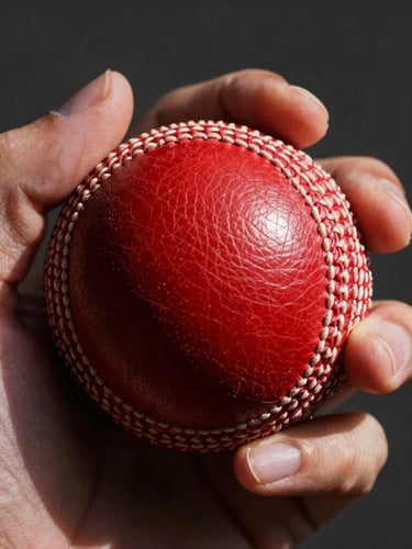 Close-up of a hand holding a red leather cricket ball showing detailed stitching and seam integrity under dramatic natural light, 35mm lens